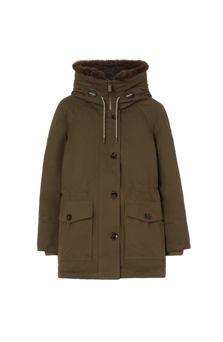 Burberry Shearling Trim Gabardine Parka, Alternate, color, Juniper Green
