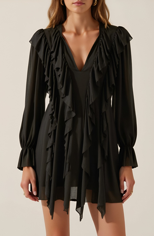 Modenaire Solid Knit Romper With V-neck Tie Closure, Cascading Ruffles And Long Bubble Sleeves In Black
