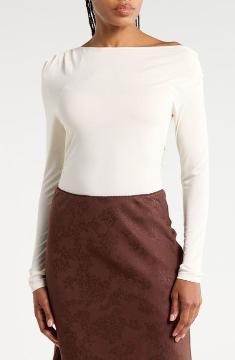 Ruched Boat Neck Long Sleeve Top