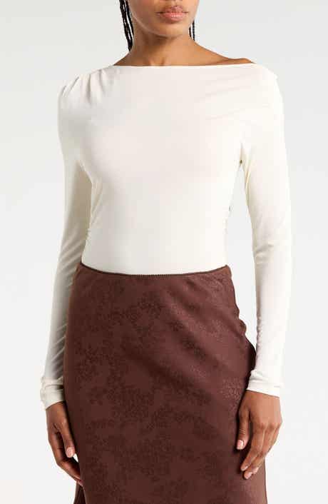 Ruched Boat Neck Long Sleeve Top