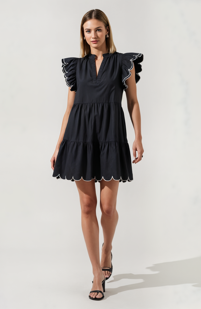Modenaire Tiered Mini Dress with Scalloped Trim and Ruffled Sleeves, Alternate, color, 