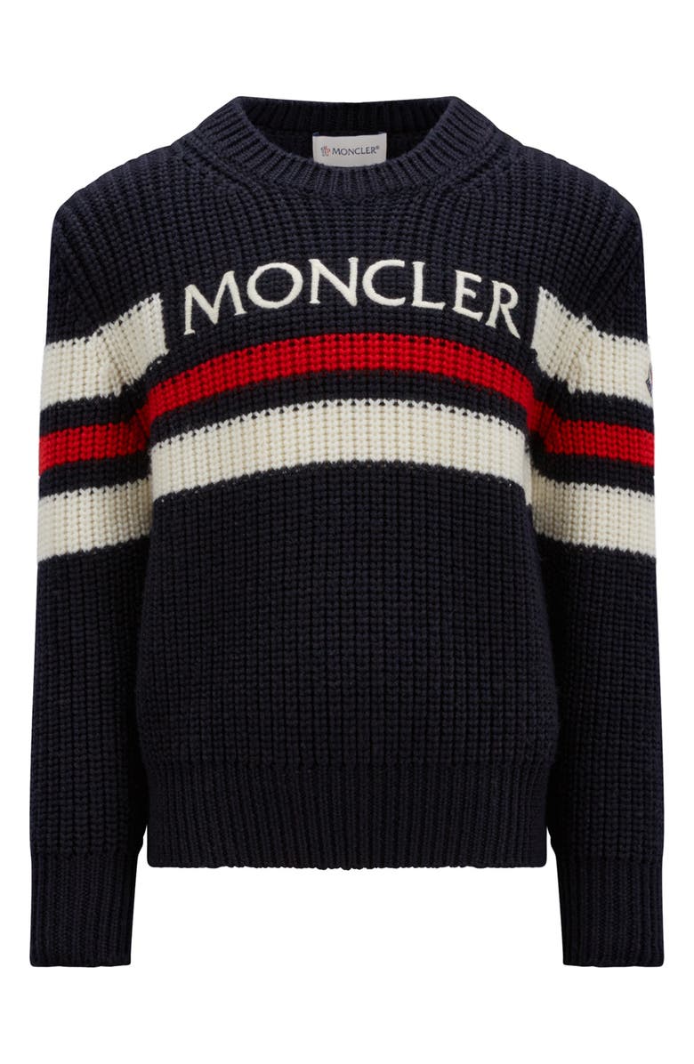Moncler Kids' Stripe Embroidered Logo Virgin Wool Sweater, Main, color, 