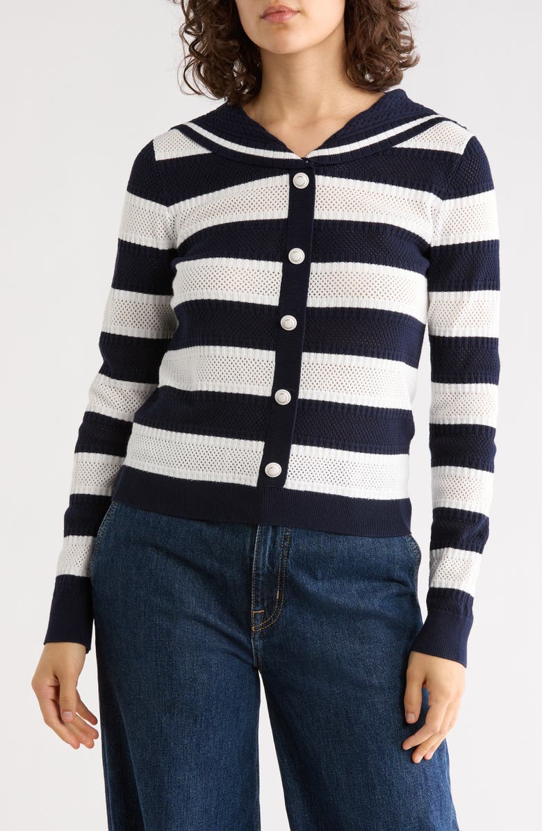 Adrianna Papell Nautical Stripe Knit Cardigan, Main, color, Blue Moon/ Ivory