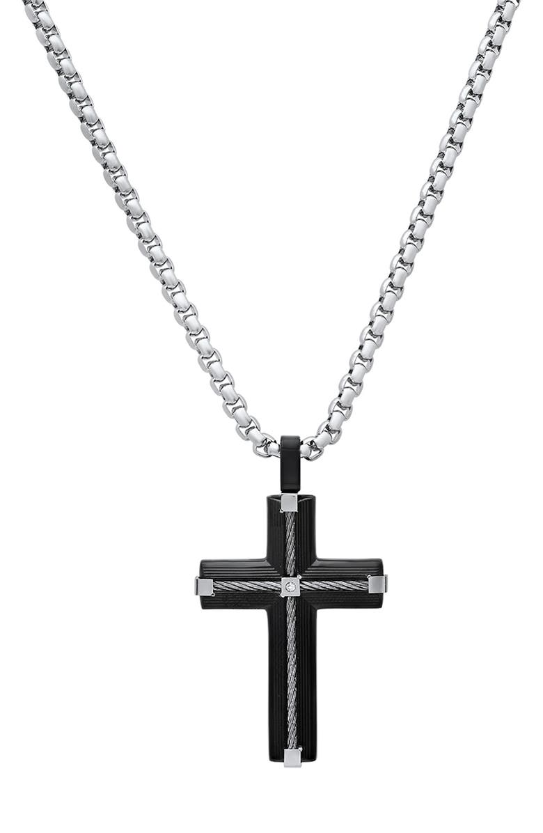 HMY JEWELRY Men's Two-Tone Crystal Cross Pendant Necklace, Main, color,