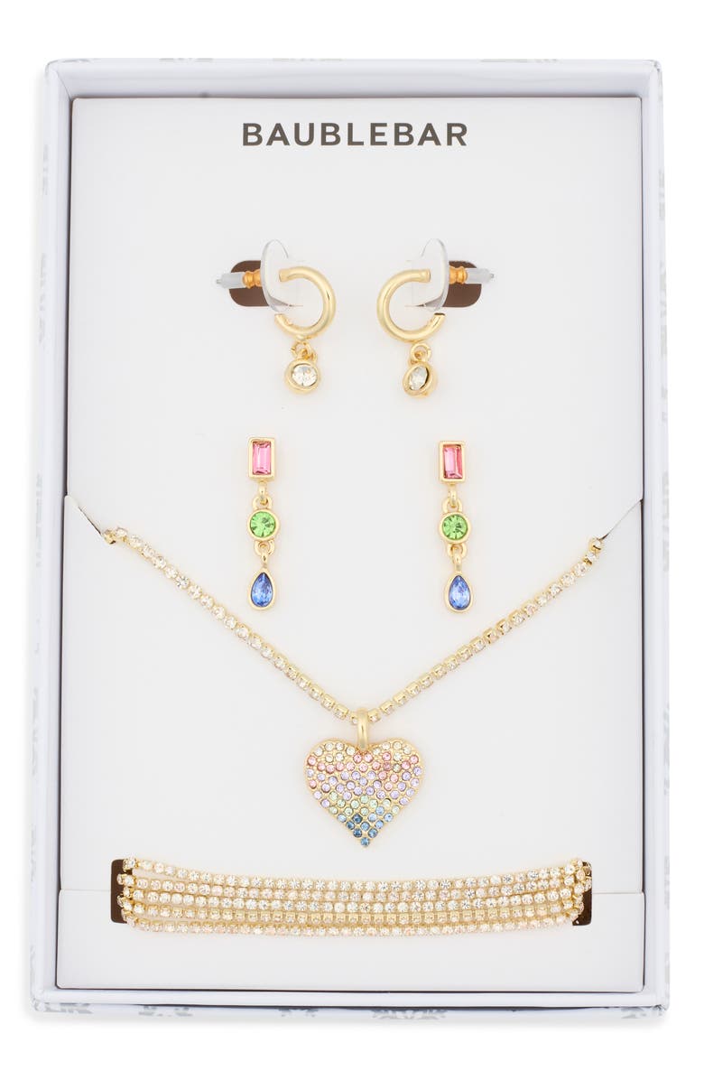 BaubleBar Rainbow 4-Pack Earrings, Necklace & Bracelet Set, Main, color, Gold Multi