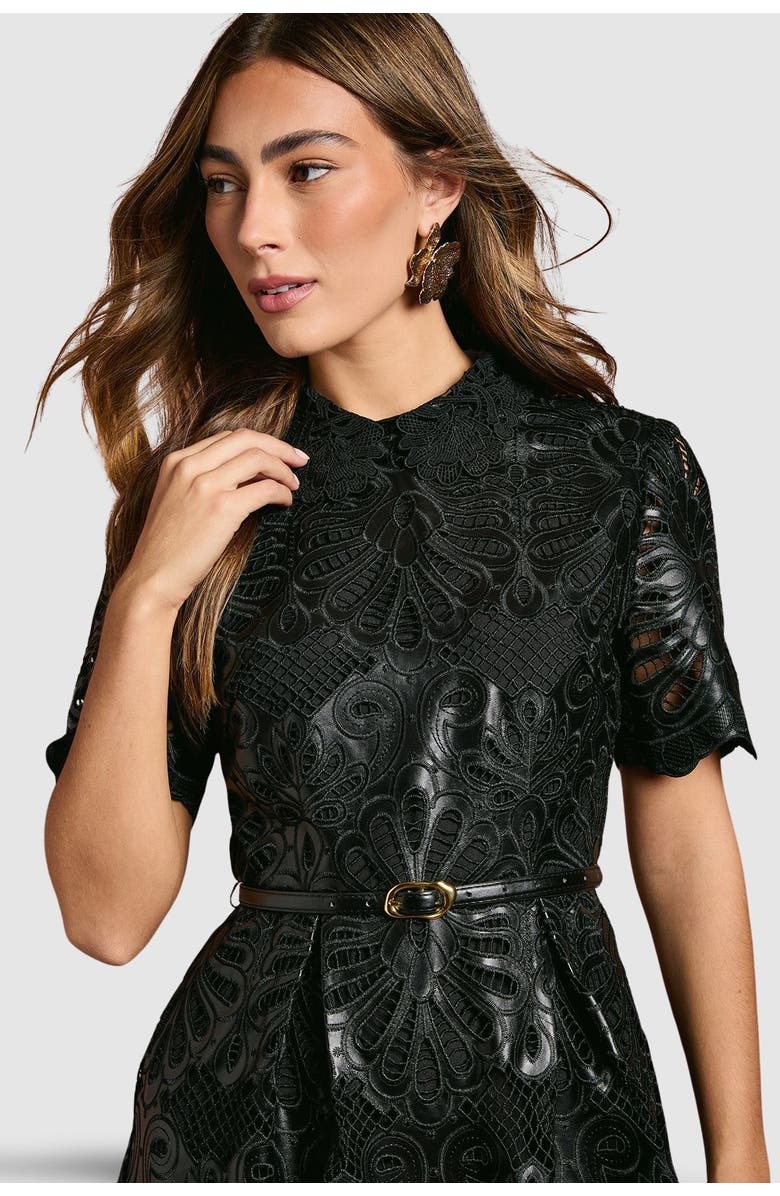 Coast PU Lace Midi Dress With Belt, Alternate, color, Black