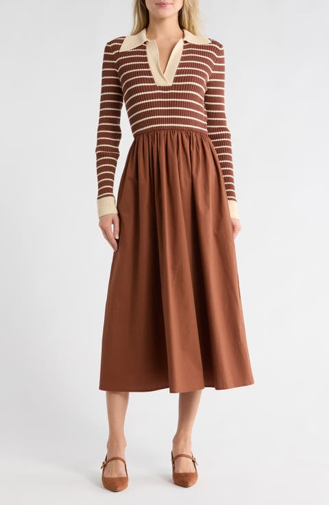 Stripe Long Sleeve Midi Dress