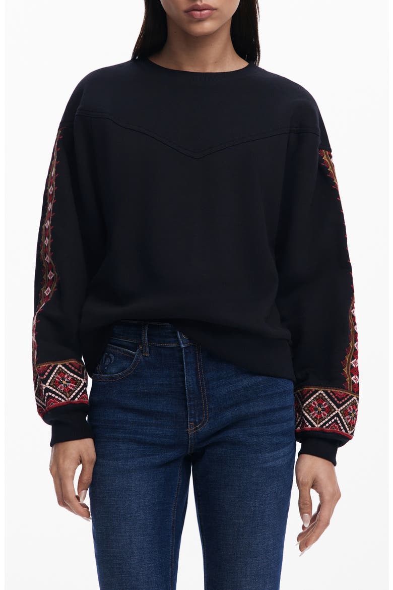 Embroidered Sleeve Sweatshirt, Main, color, BLACK