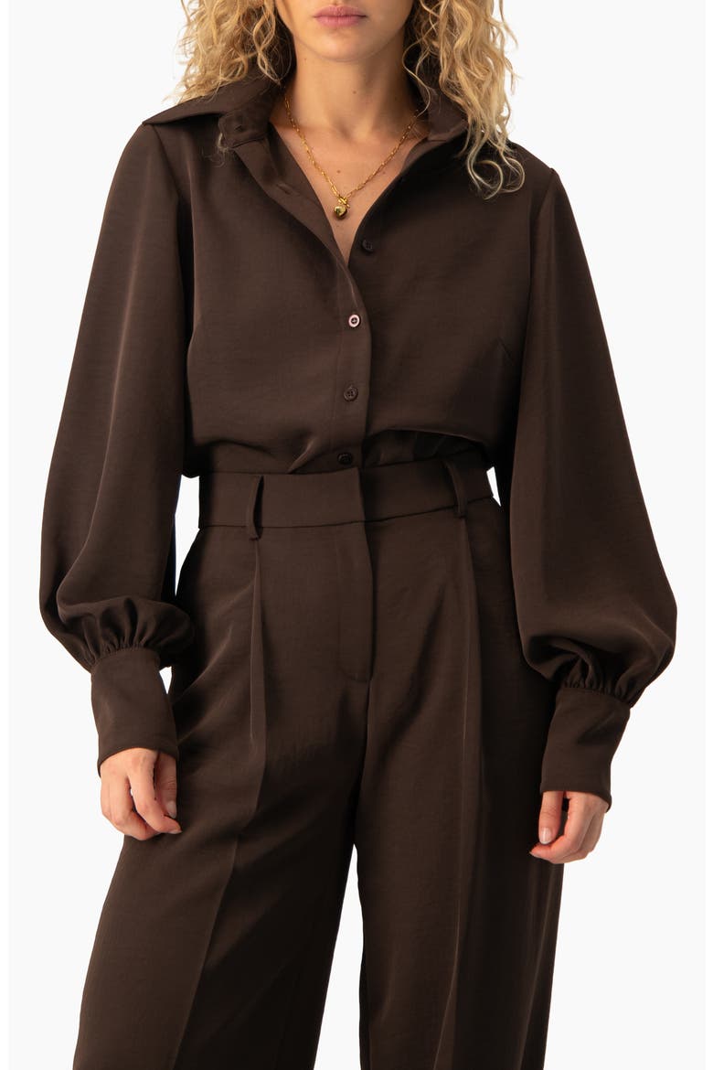 Long-Sleeve Puff-Sleeve Point-Collar Button-Front Shirt, Main, color, Brown