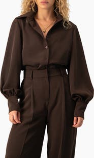 IVONNE Long-Sleeve Puff-Sleeve Point-Collar Button-Front Shirt