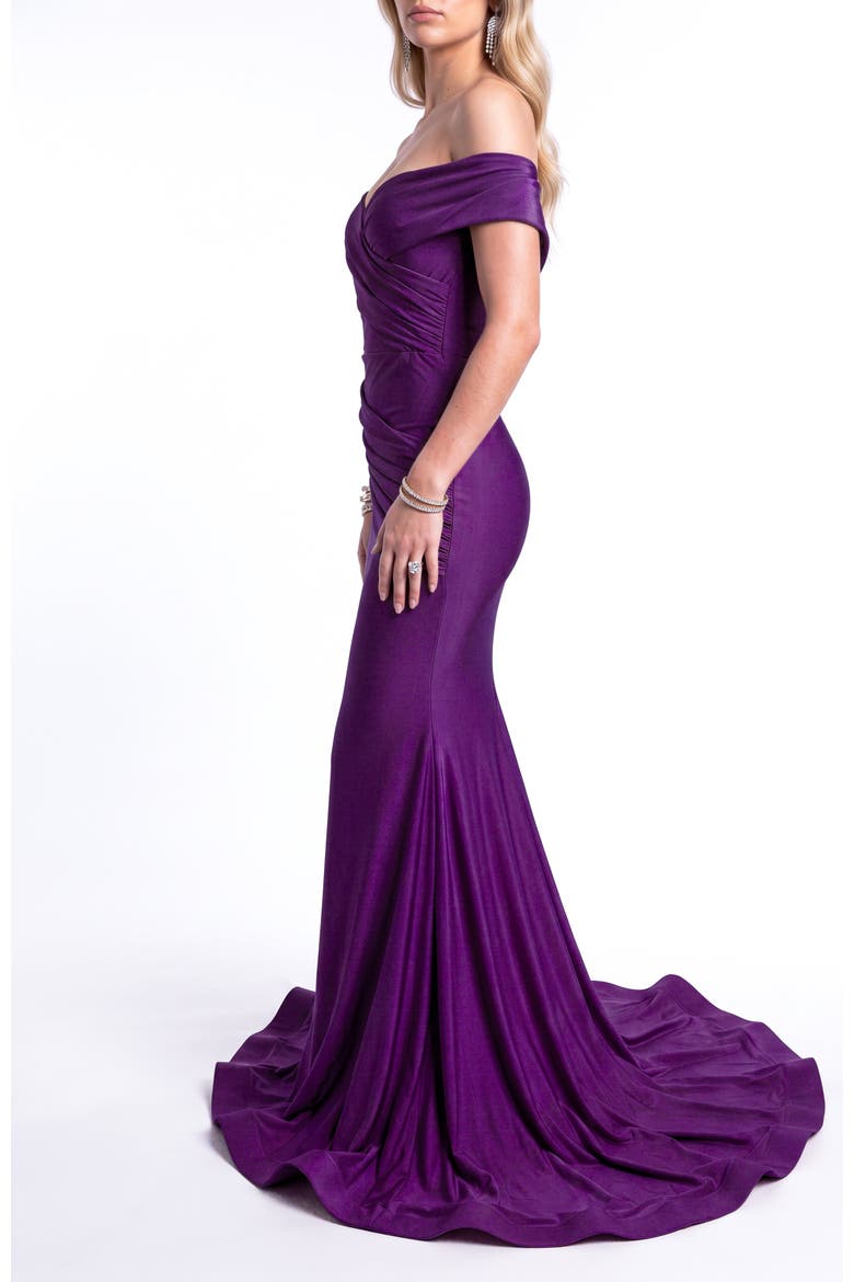 Off The Shoulder Ruched Mermaid Evening Gown, Alternate, color, Grape