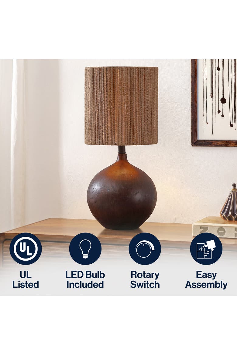 Abram Bohemian Resin/Metal Round Table Lamp with Paper Rope Shade, Alternate, color, Dark Brown Wood Finish