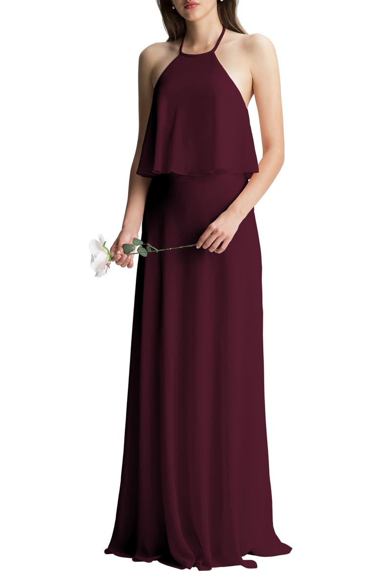 Halter Overlay Chiffon A-Line Gown, Main, color, WINE