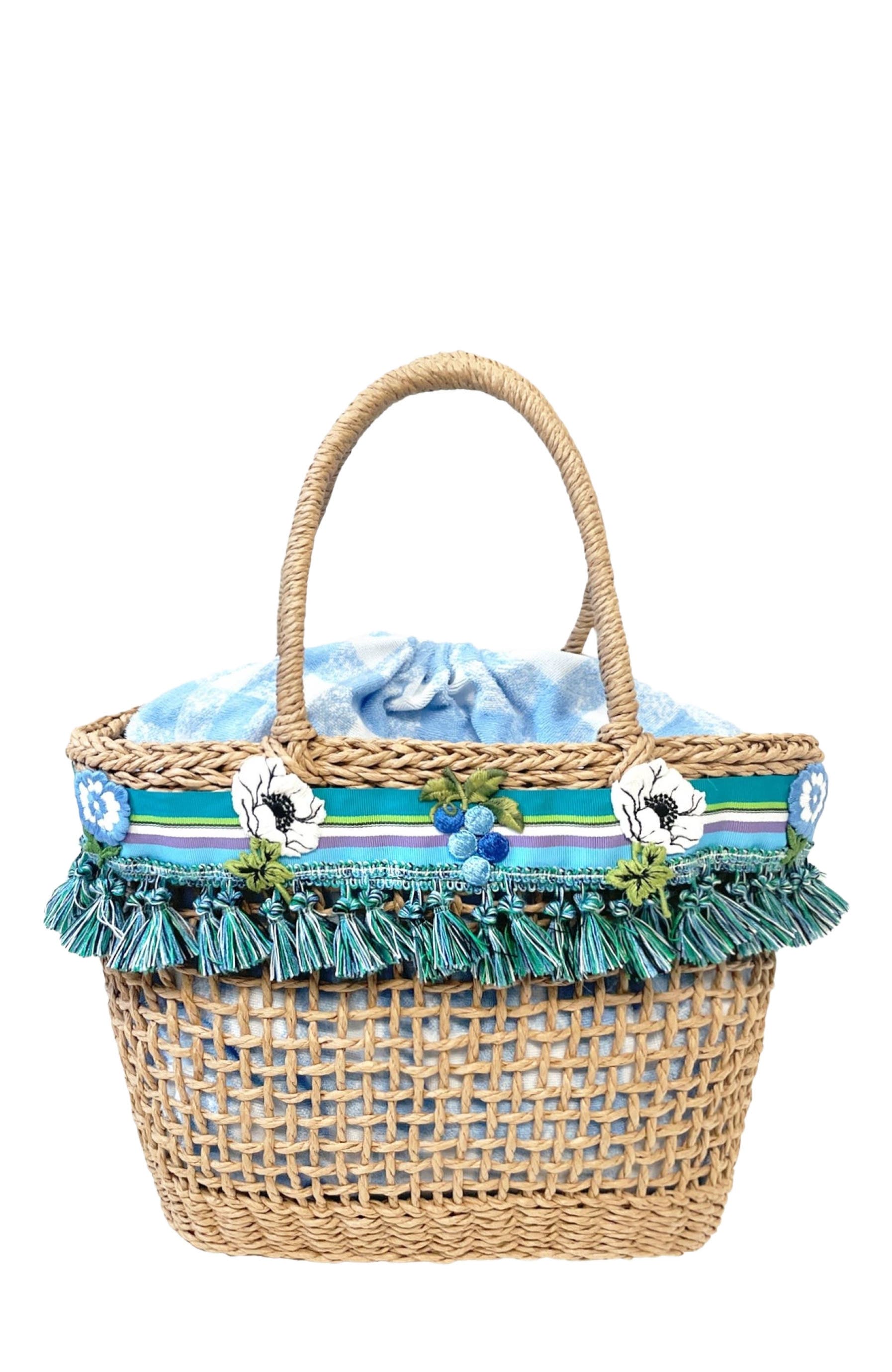 Anna Sui Raffia Tassel Bag, Main, color, Baby Blue