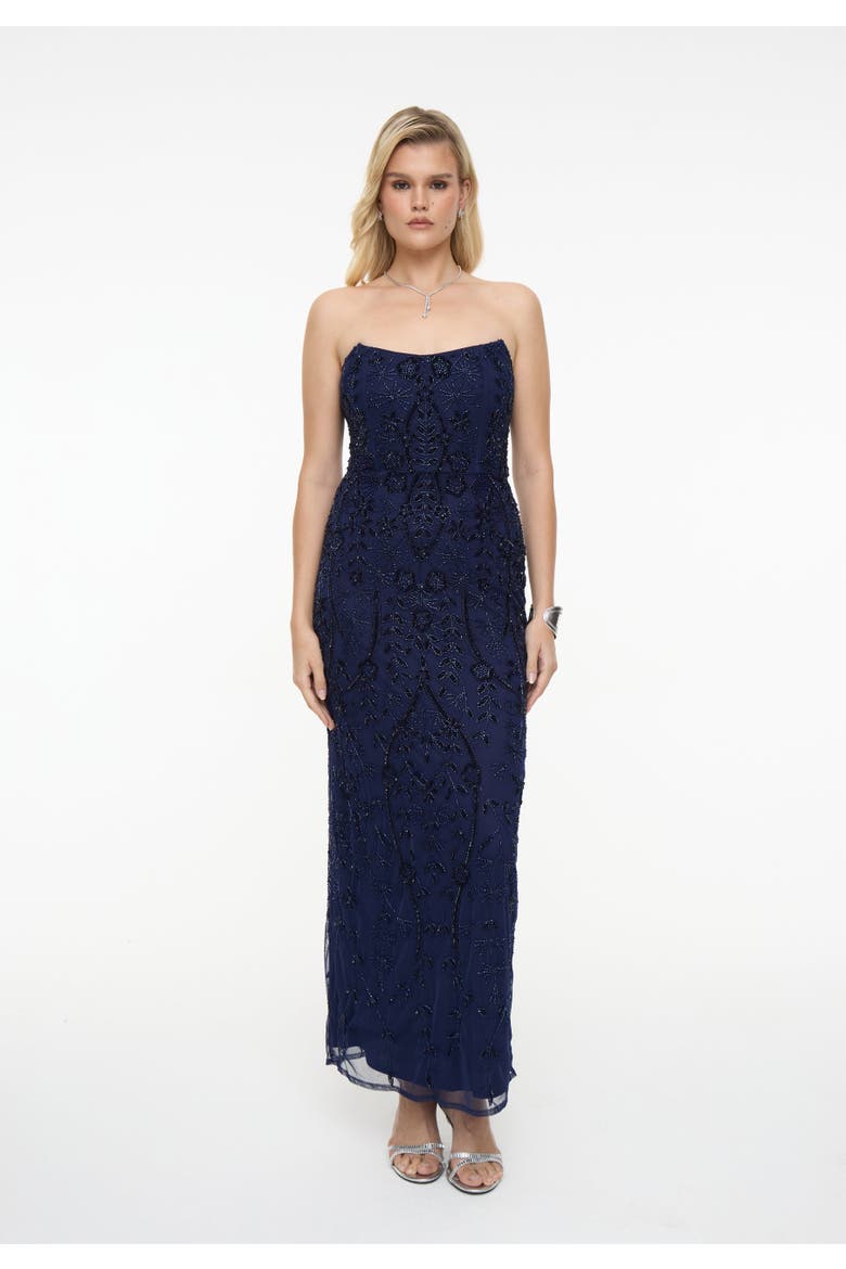 Embellished Sequin Beaded Maxi Strapless Dress, Main, color, MID NIGHT BLUE