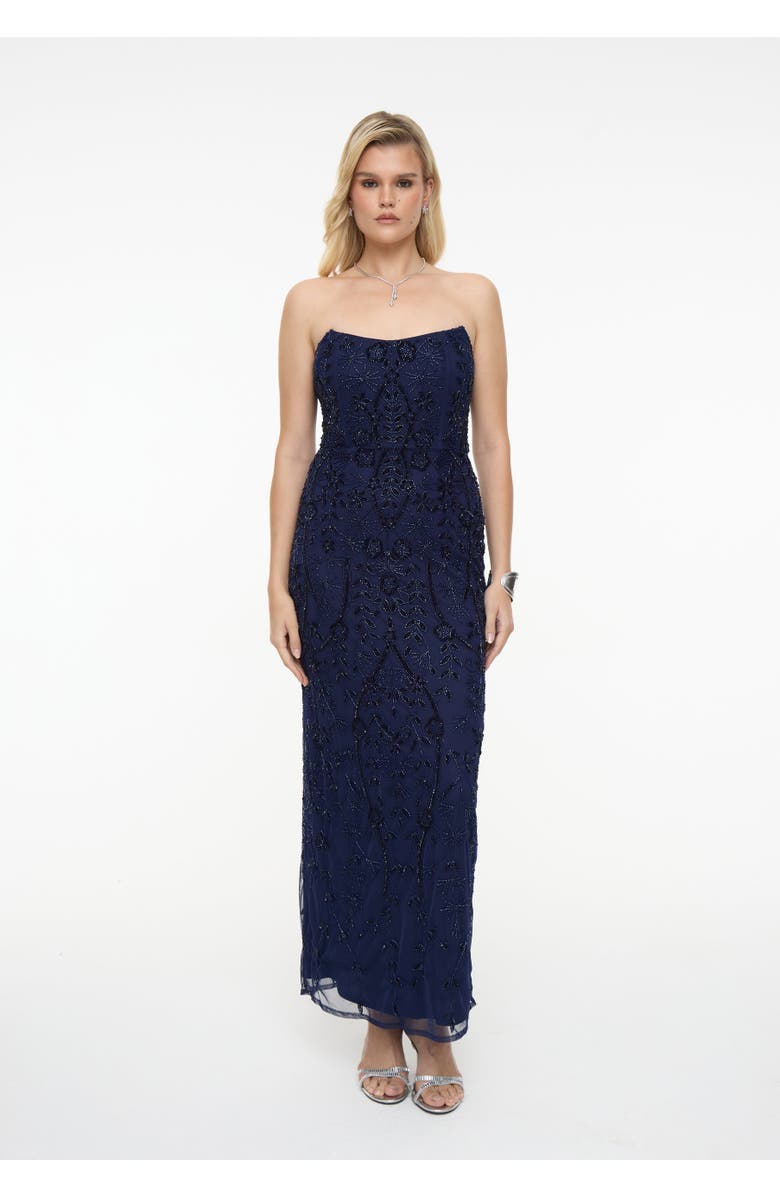 BEAUUT Embellished Sequin Beaded Maxi Strapless Dress, Main, color, Mid Night Blue