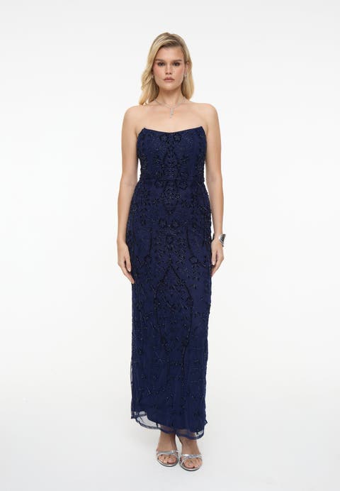 Embellished Sequin Beaded Maxi Strapless Dress