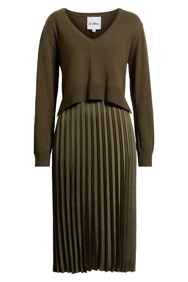 Pleated Long Sleeve Midi Dress, Alternate, color, LODEN