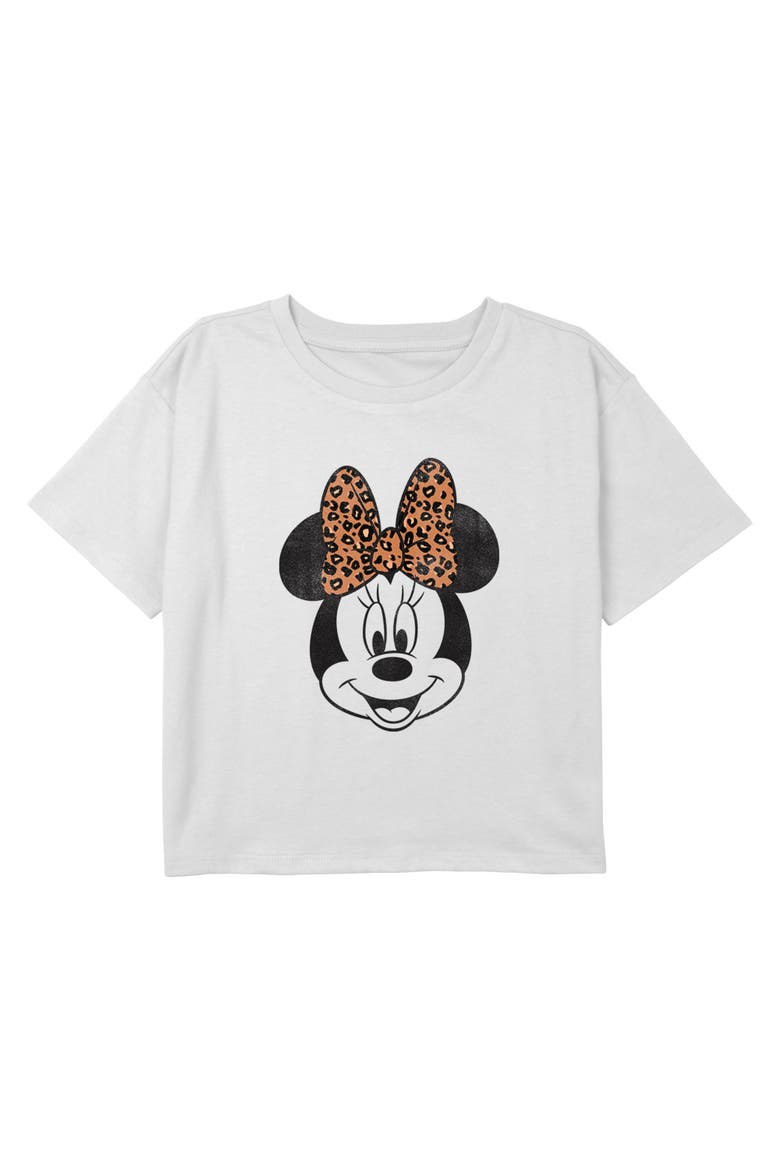 Girl's Mickey & Friends Minnie Mouse Cheetah Print Bow Portrait  Graphic T-Shirt, Main, color, White