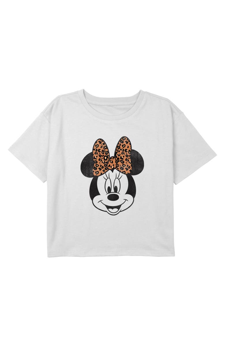Mickey & Friends Girl's Mickey & Friends Minnie Mouse Cheetah Print Bow Portrait  Graphic T-Shirt, Main, color, White