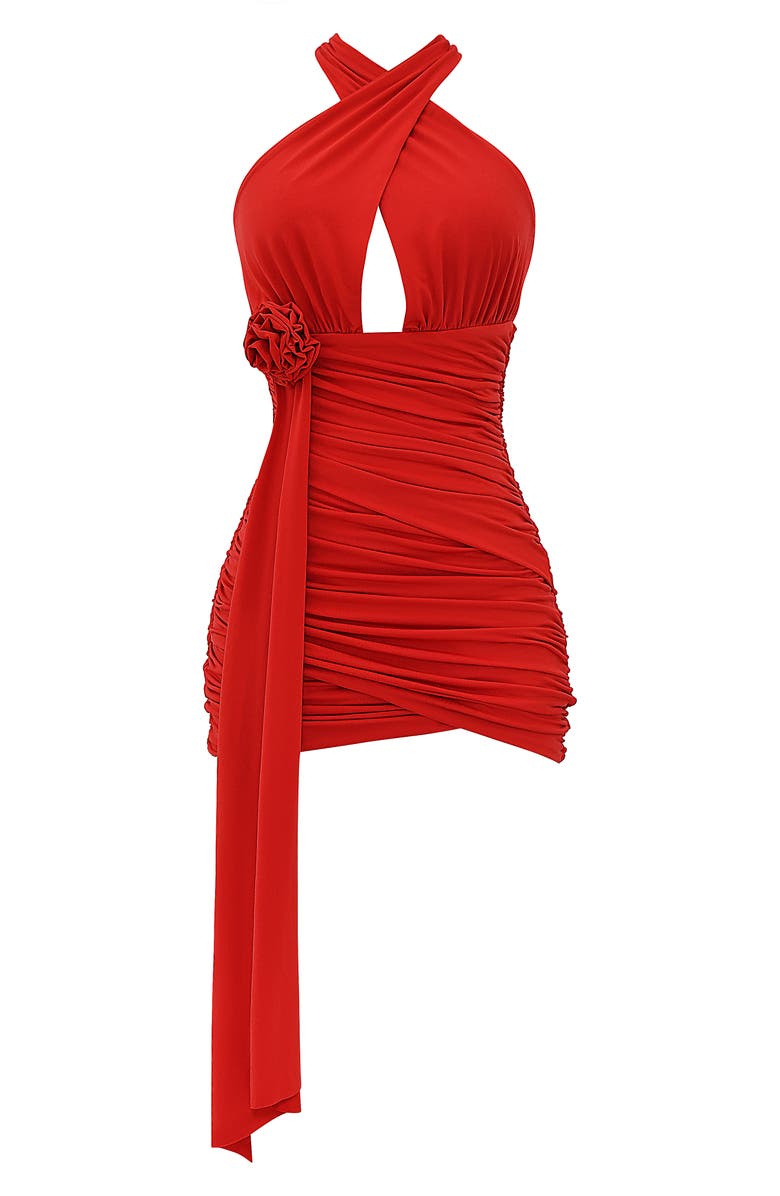 Mistress Rocks Flower Ruched Halter Minidress, Alternate, color, 