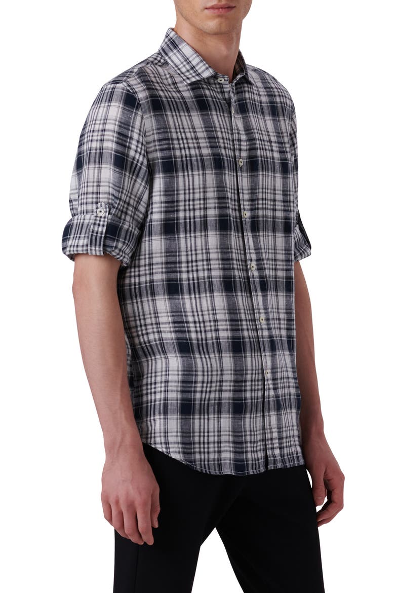 Shaped Fit Plaid Linen Button-Up Shirt, Alternate, color, BLACK