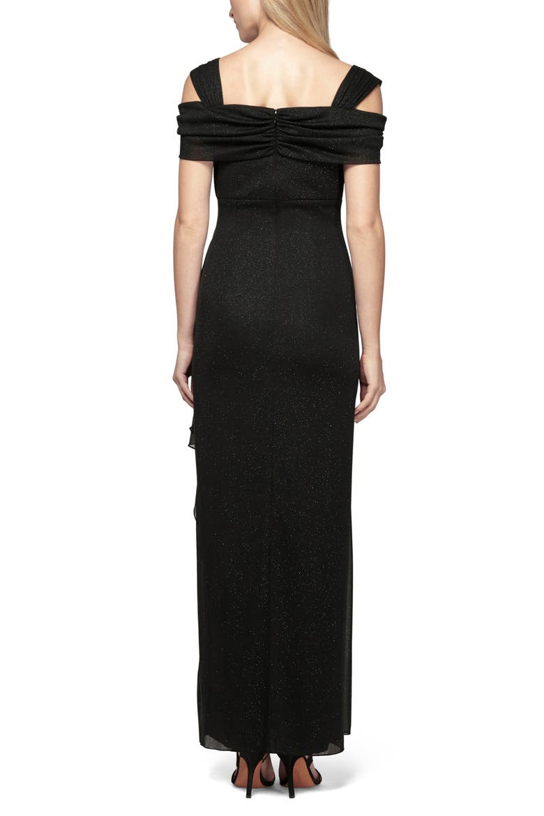 Cold Shoulder Ruffle Glitter Chiffon Gown, Alternate, color, BLACK