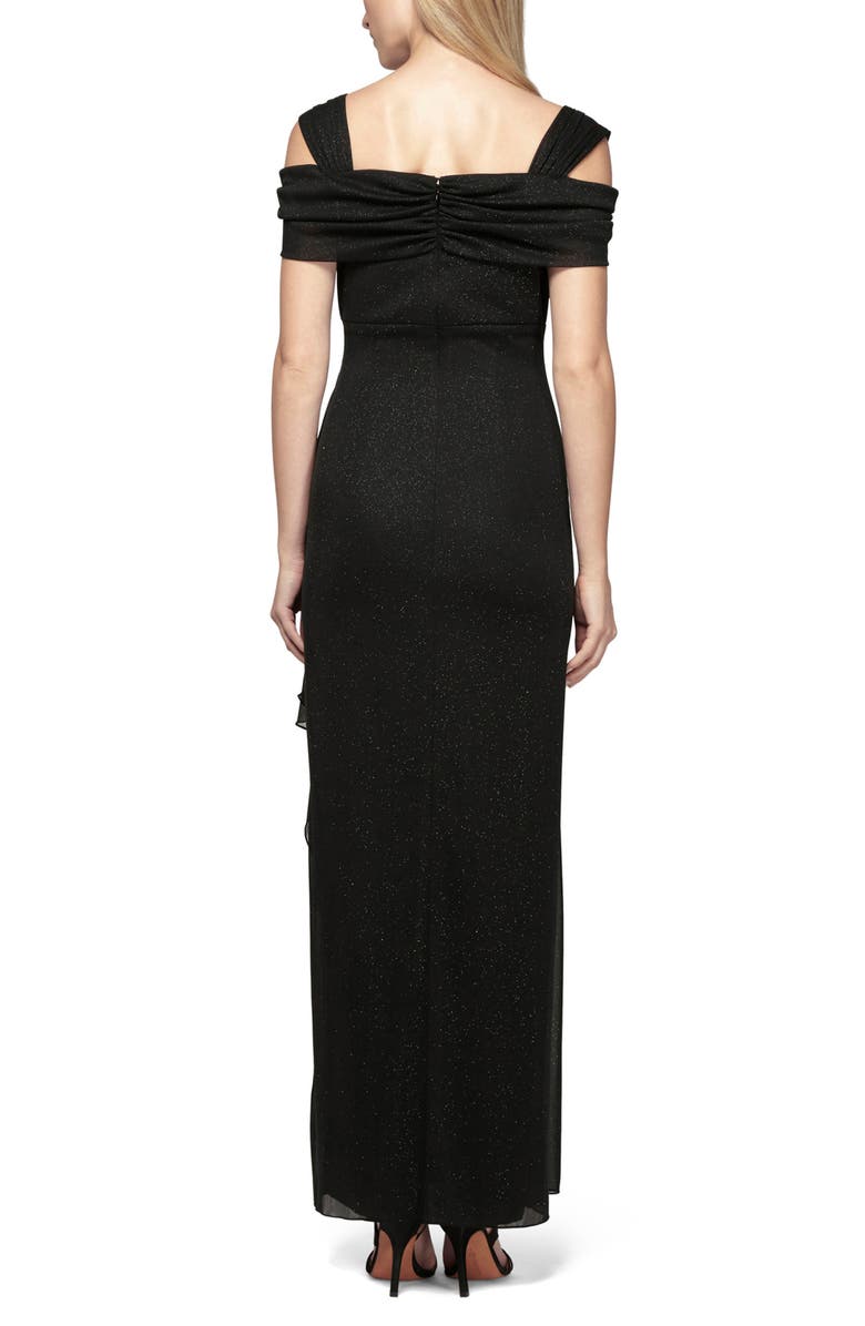 Alex Evenings Cold Shoulder Ruffle Glitter Chiffon Gown, Alternate, color, Black