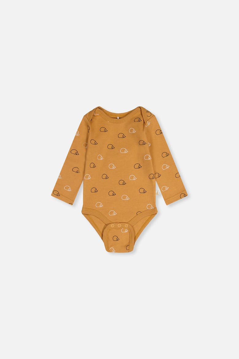 Three Pack Organic Cotton Hedgehogs Long Sleeve Bodysuit, Alternate, color, Brown Printed Hedgehogs