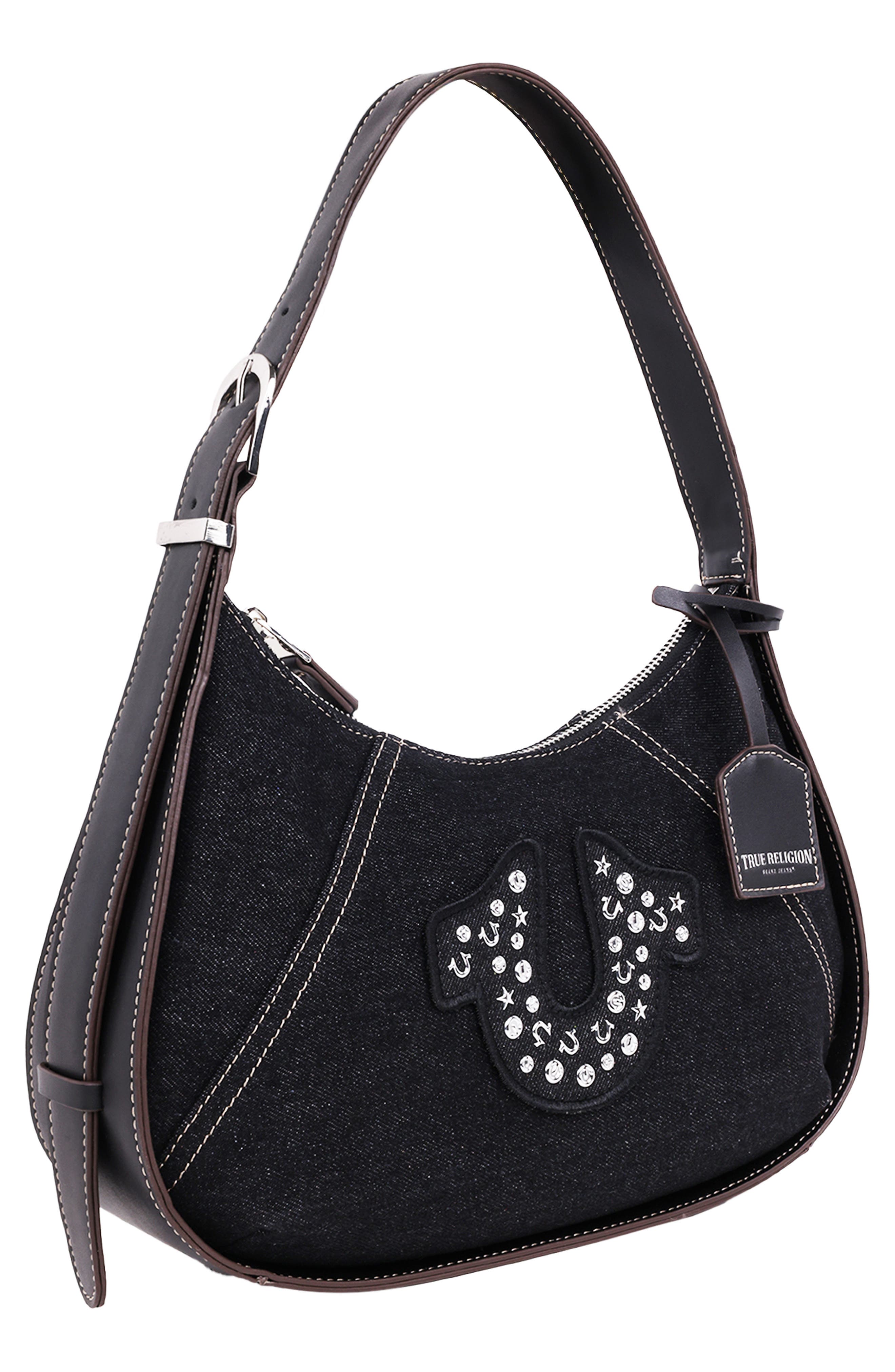 True Religion Studded Logo Denim Shoulder Bag, Alternate, color, Black
