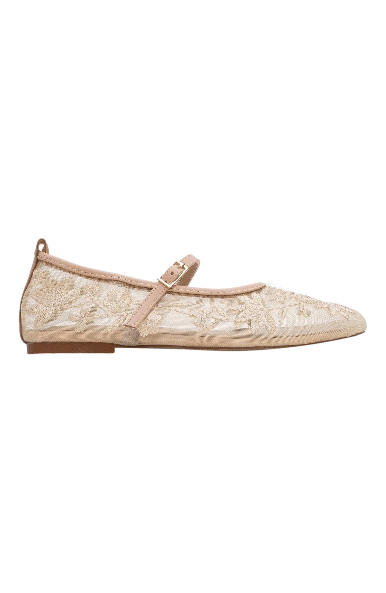 Prologue Shoes Juny Mesh Floral Embroidery Ballet Flat, Alternate, color, Beige Faux Leather