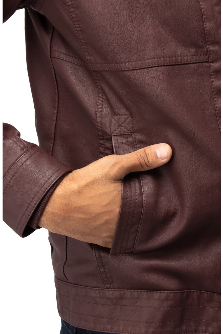 Faux Leather Hooded Moto Jacket with Faux Fur Lining, Alternate, color, BURGUNDY