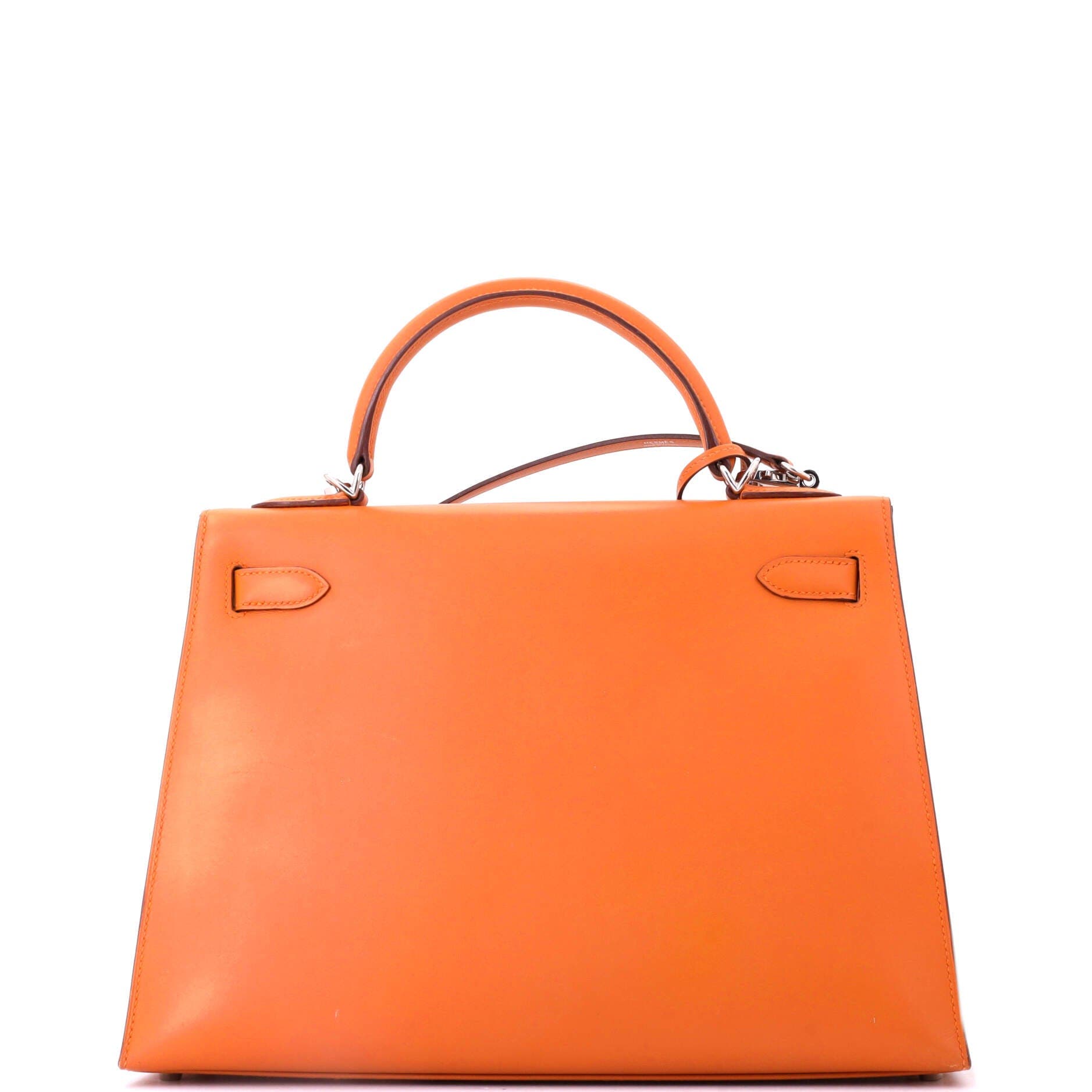 Pre-Owned Hermes Kelly Handbag Orange Box Calf with Palladium Hardware 32, Alternate, color, Orange H
