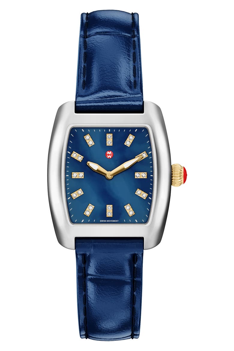 Urban Mini Diamond Croc Embossed Leather Strap Watch, 29mm, Main, color, SILVER/BLUE