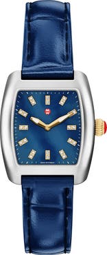 MICHELE Urban Mini Diamond Croc Embossed Leather Strap Watch, 29mm