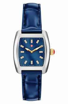 MICHELE Urban Mini Diamond Croc Embossed Leather Strap Watch, 29mm