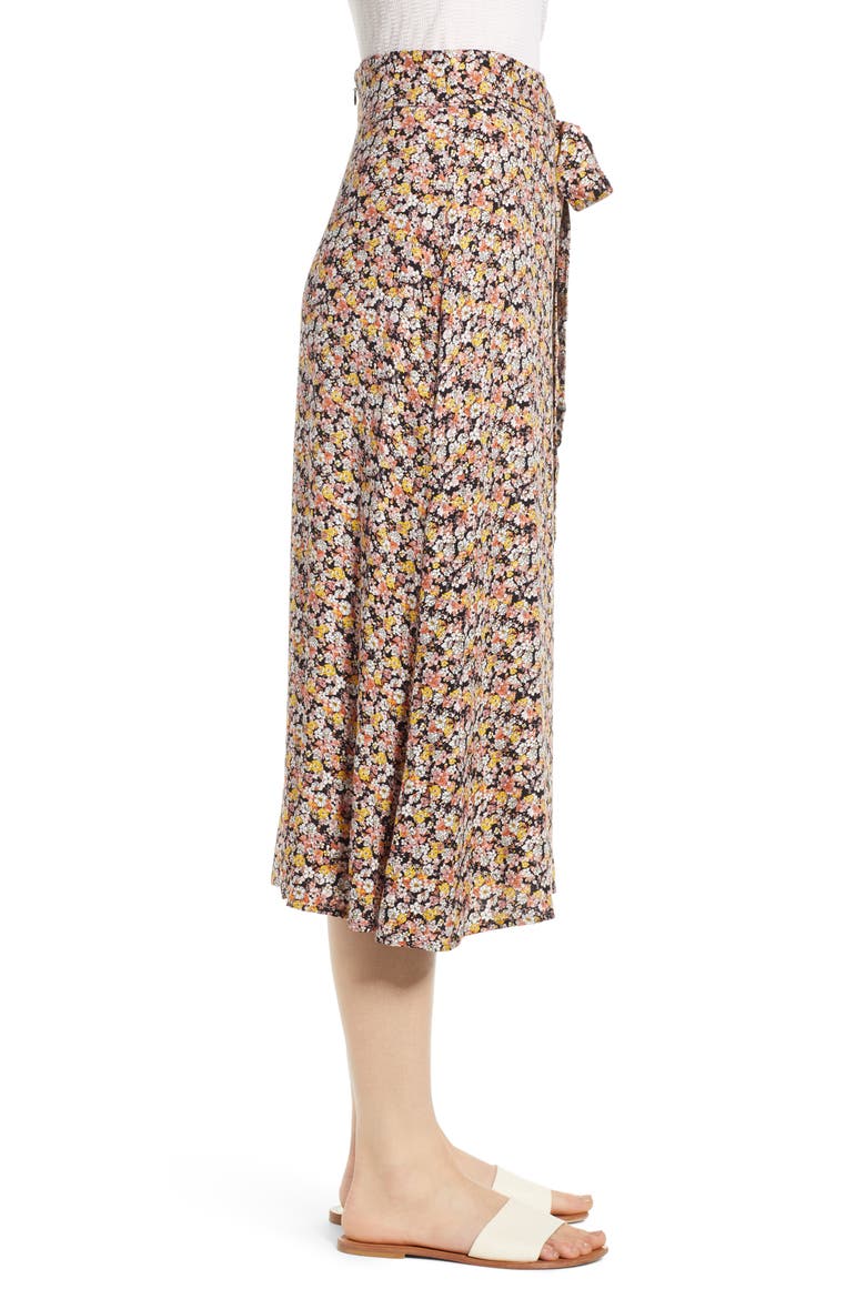 Tie Waist Floral Print Midi Skirt, Alternate, color, BLACK DITSY FLORAL