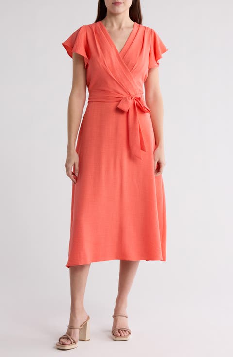 Flutter Sleeve Tie Waist Midi Dress