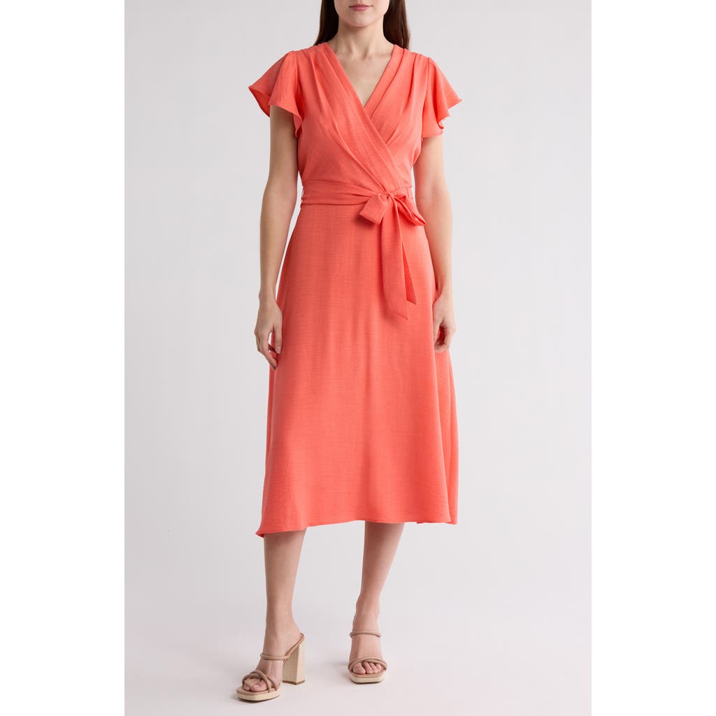 Shop Dkny Flutter Sleeve Tie Waist Midi Dress In Orange Rose