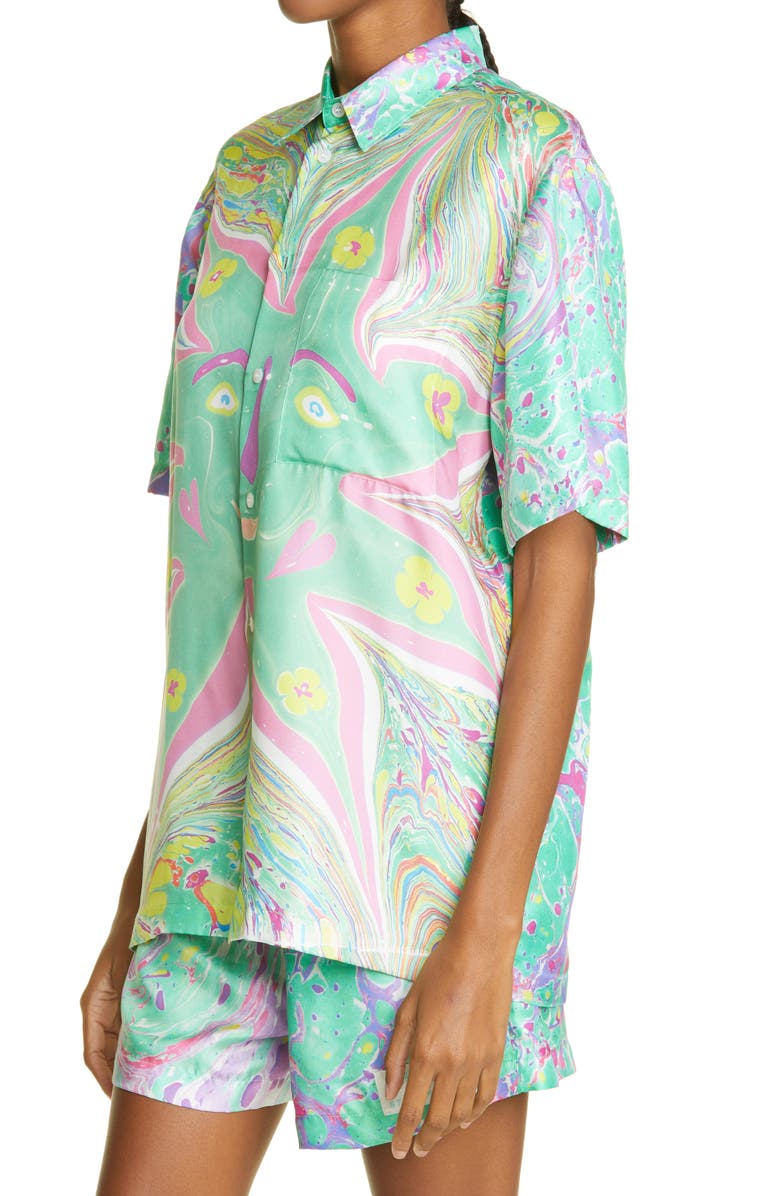 Stella McCartney x Myfawnwy Unisex Shared 3 Ricky Marble Print Silk Button-Up Shirt, Alternate, color,