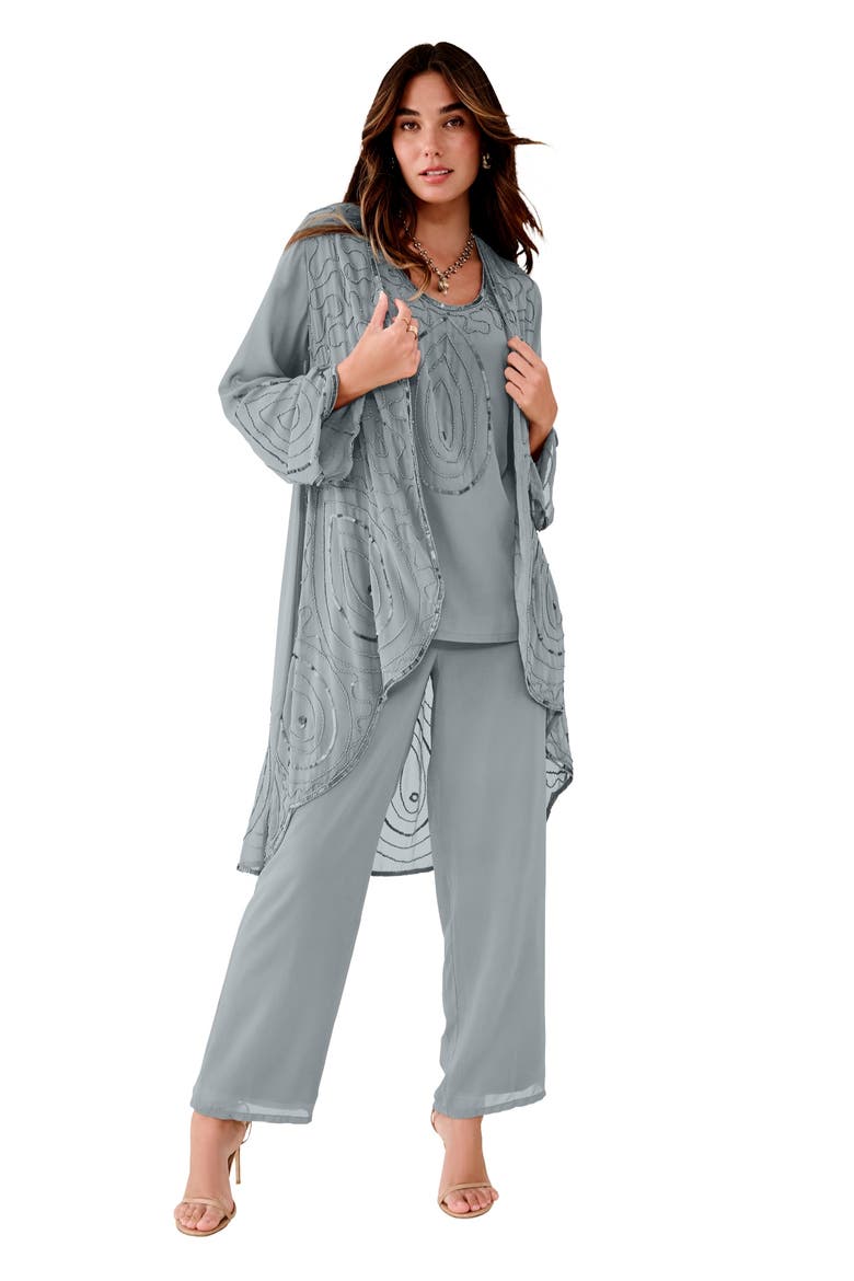 Plus Size Beaded Georgette Scoop Neck 3 Piece Pant Set, Main, color, GUNMETAL
