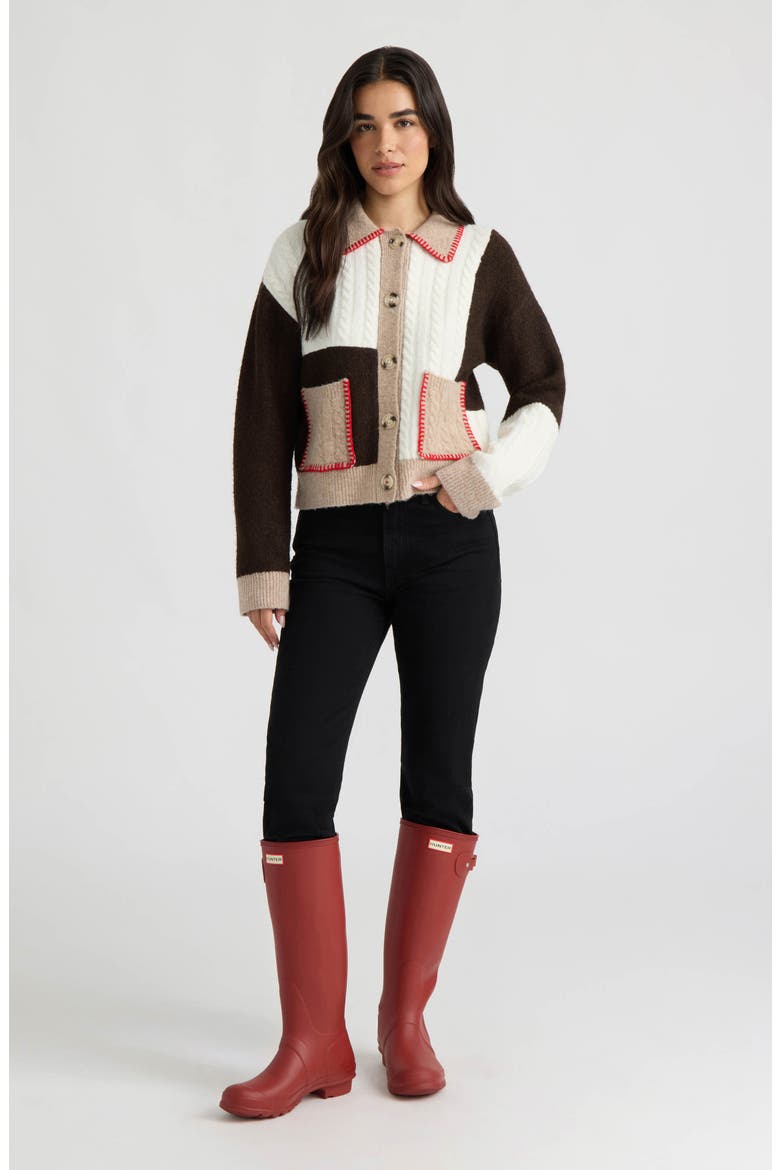 Patchwork Cable Knit Cardigan, Alternate, color, MARSHMALLOW/ GROUND COFFEE