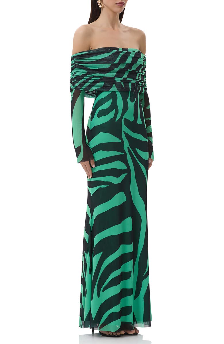 AFRM Thelma Print Off the Shoulder Long Sleeve Mesh Maxi Dress, Alternate, color, Green Zebra