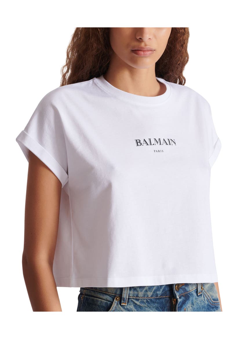 Cropped T-Shirt with Balmain Print, Alternate, color, white