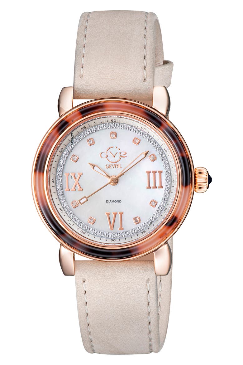 Marsala Tortoise Pattern Mother-of-Pearl Dial Diamond Suede Strap Watch, 36mm - 0.045 ctw., Main, color, BEIGE