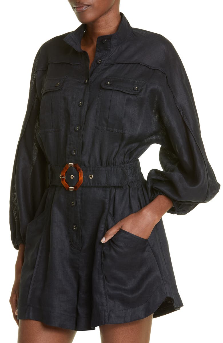Zimmermann Devi Long Sleeve Linen Romper, Alternate, color,