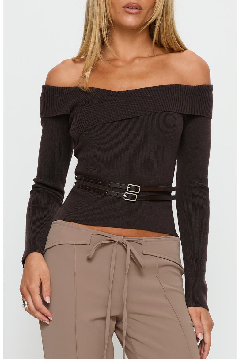 Ellenore Double Belt Off the Shoulder Top, Main, color, BROWN
