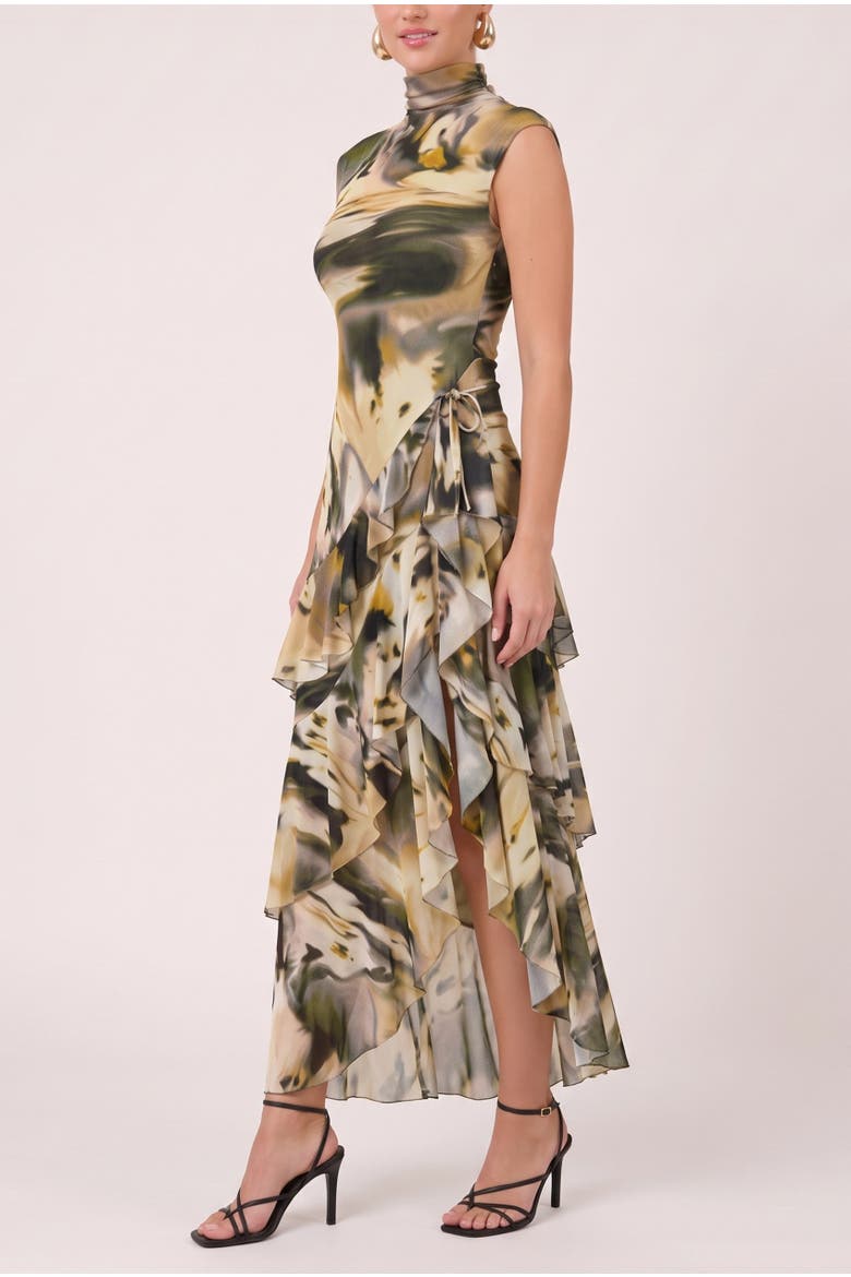 Paris Mock-Neck Asymmetrical Midi Dress, Alternate, color, Ecru Olive Marble