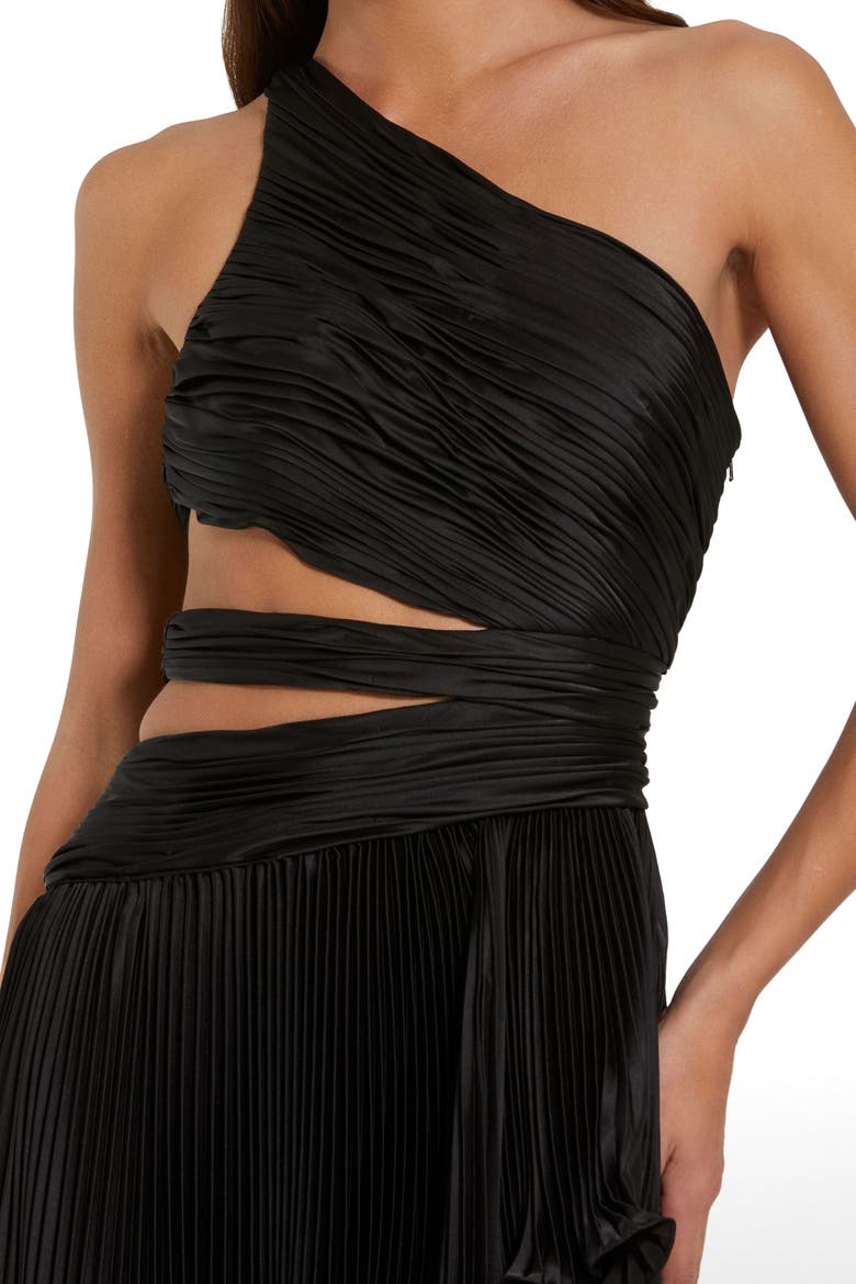 One Shoulder Pleated Charmeuse Gown with Slit, Alternate, color, Black