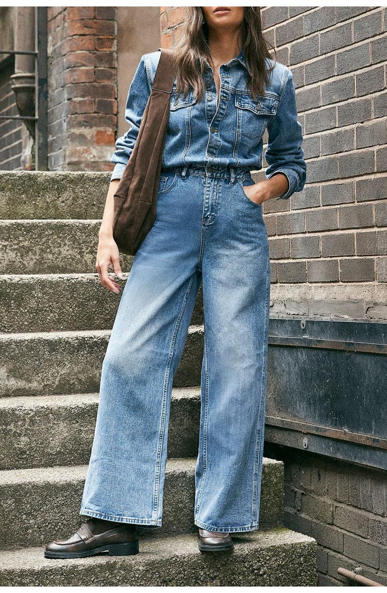 NASTY GAL Denim Shoulder Pad Boilersuit, Alternate, color, Stonewash